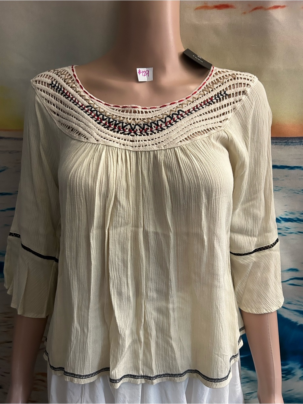 Intu Boho Crochet Yoke Cream Women's Blouse Top SM NWT